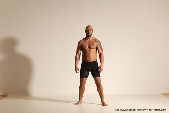 Underwear Gymnastic poses Man Black Muscular Bald Dancing Dynamic poses Academic