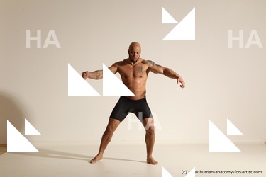 Underwear Gymnastic poses Man Black Muscular Bald Dancing Dynamic poses Academic