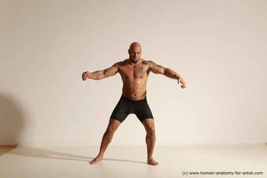 Underwear Gymnastic poses Man Black Muscular Bald Dancing Dynamic poses Academic