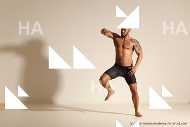 Underwear Gymnastic poses Man Black Muscular Bald Dancing Dynamic poses Academic