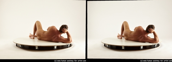 Nude Man White Laying poses - ALL Muscular Short Brown Laying poses - on side 3D Stereoscopic poses Realistic