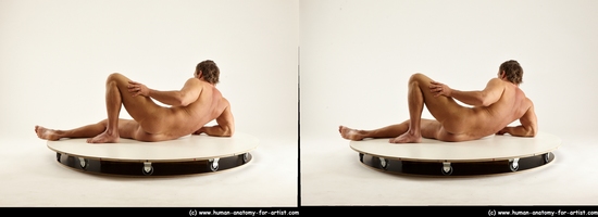 Nude Man White Laying poses - ALL Muscular Short Brown Laying poses - on side 3D Stereoscopic poses Realistic