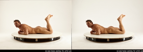 Nude Man White Laying poses - ALL Muscular Short Brown Laying poses - on stomach 3D Stereoscopic poses Realistic