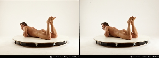 Nude Man White Laying poses - ALL Muscular Short Brown Laying poses - on stomach 3D Stereoscopic poses Realistic