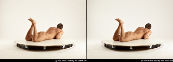 Nude Man White Laying poses - ALL Muscular Short Brown Laying poses - on stomach 3D Stereoscopic poses Realistic