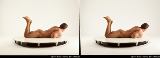 Nude Man White Laying poses - ALL Muscular Short Brown Laying poses - on stomach 3D Stereoscopic poses Realistic