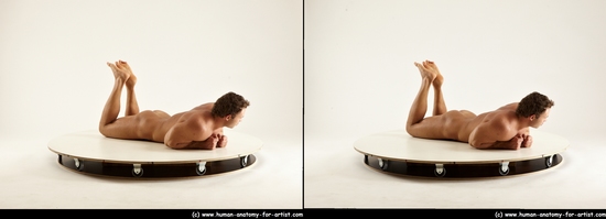 Nude Man White Laying poses - ALL Muscular Short Brown Laying poses - on stomach 3D Stereoscopic poses Realistic