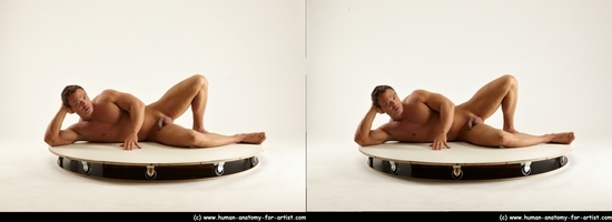 Nude Man White Laying poses - ALL Muscular Short Brown Laying poses - on side 3D Stereoscopic poses Realistic