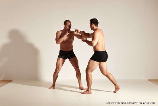 Underwear Fighting Man - Man White Muscular Short Brown Dynamic poses Academic