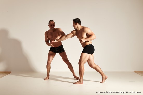 Underwear Fighting Man - Man White Muscular Short Brown Dynamic poses Academic