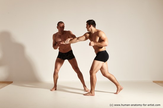 Underwear Fighting Man - Man White Muscular Short Brown Dynamic poses Academic