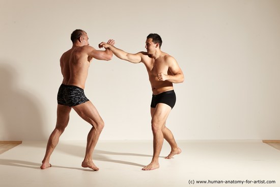 Underwear Fighting Man - Man White Muscular Short Brown Dynamic poses Academic