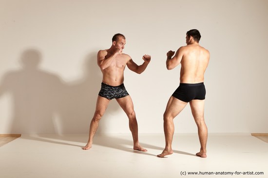 Underwear Fighting Man - Man White Muscular Short Brown Dynamic poses Academic