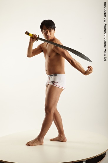 Underwear Fighting with sword Man Asian Average Medium Black Academic