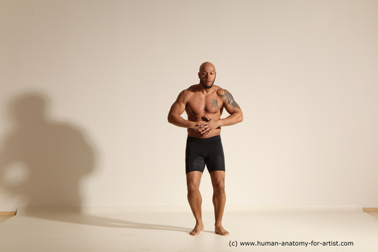 Underwear Gymnastic poses Man Black Muscular Bald Dancing Dynamic poses Academic