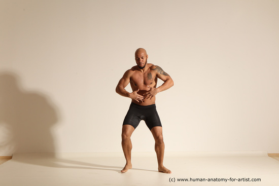 Underwear Gymnastic poses Man Black Muscular Bald Dancing Dynamic poses Academic