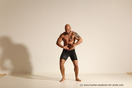 Underwear Gymnastic poses Man Black Muscular Bald Dancing Dynamic poses Academic