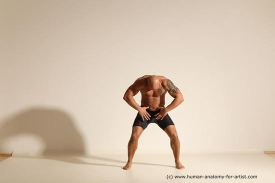 Underwear Gymnastic poses Man Black Muscular Bald Dancing Dynamic poses Academic