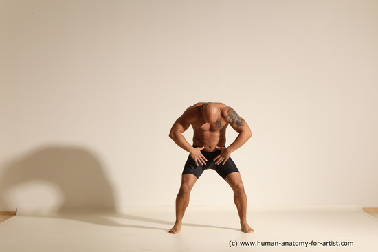 Underwear Gymnastic poses Man Black Muscular Bald Dancing Dynamic poses Academic