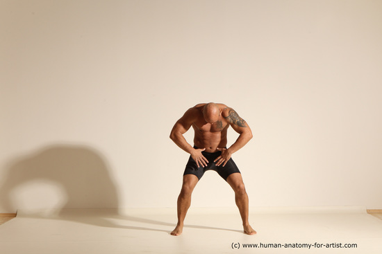 Underwear Gymnastic poses Man Black Muscular Bald Dancing Dynamic poses Academic