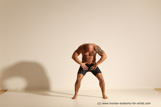 Underwear Gymnastic poses Man Black Muscular Bald Dancing Dynamic poses Academic