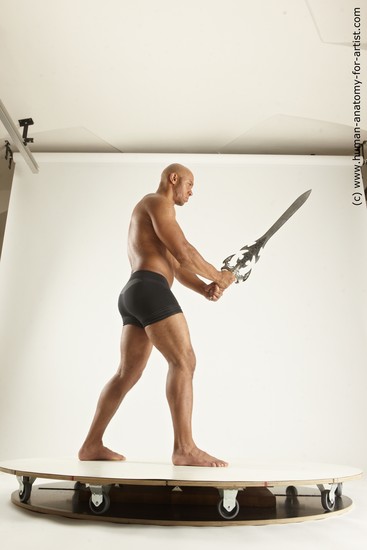 Underwear Fighting with sword Man Black Sitting poses - simple Muscular Bald Sitting poses - ALL Multi angles poses Academic