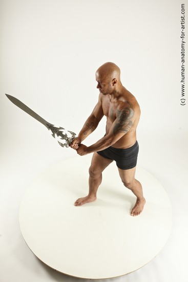 Underwear Fighting with sword Man Black Sitting poses - simple Muscular Bald Sitting poses - ALL Multi angles poses Academic