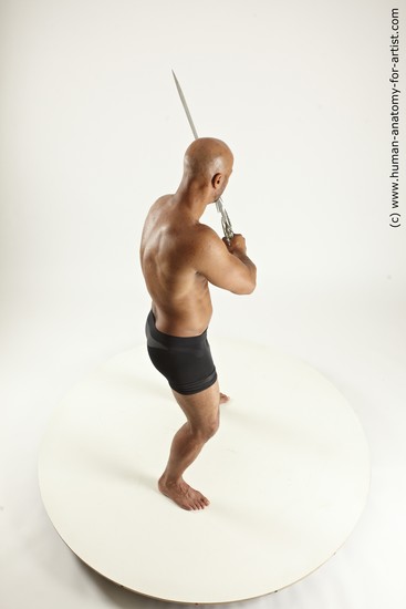 Underwear Fighting with sword Man Black Sitting poses - simple Muscular Bald Sitting poses - ALL Multi angles poses Academic