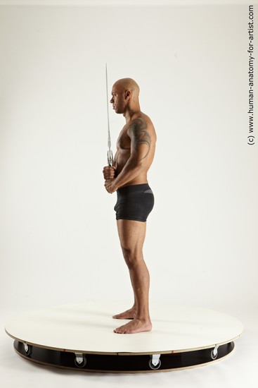 Underwear Fighting with sword Man Black Sitting poses - simple Muscular Bald Sitting poses - ALL Multi angles poses Academic