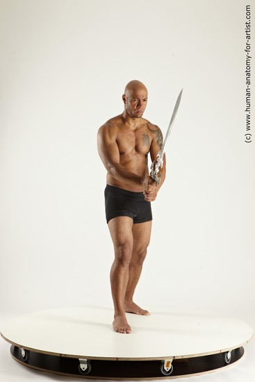 Underwear Fighting with sword Man Black Sitting poses - simple Muscular Bald Sitting poses - ALL Multi angles poses Academic