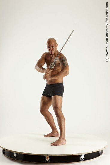 Underwear Fighting with sword Man Black Sitting poses - simple Muscular Bald Sitting poses - ALL Multi angles poses Academic