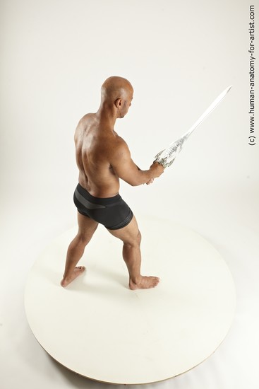 Underwear Fighting with sword Man Black Sitting poses - simple Muscular Bald Sitting poses - ALL Multi angles poses Academic