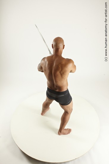 Underwear Fighting with sword Man Black Sitting poses - simple Muscular Bald Sitting poses - ALL Multi angles poses Academic