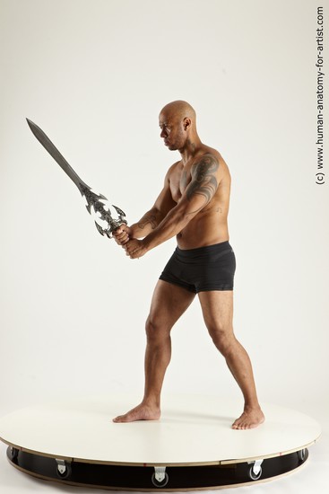 Underwear Fighting with sword Man Black Sitting poses - simple Muscular Bald Sitting poses - ALL Multi angles poses Academic