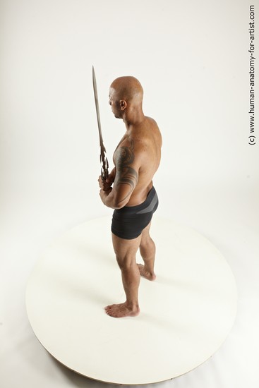 Underwear Fighting with sword Man Black Sitting poses - simple Muscular Bald Sitting poses - ALL Multi angles poses Academic