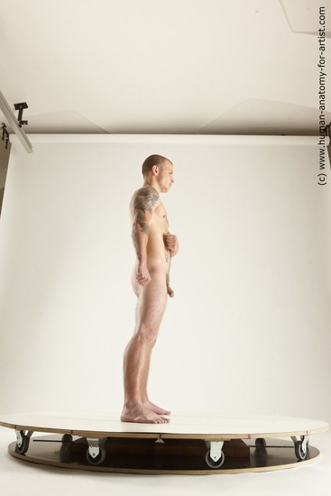 Nude Man White Standing poses - ALL Muscular Bald Standing poses - simple Realistic