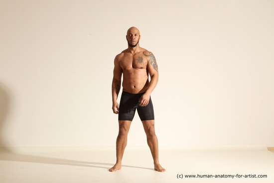 Underwear Gymnastic poses Man Black Muscular Bald Dancing Dynamic poses Academic