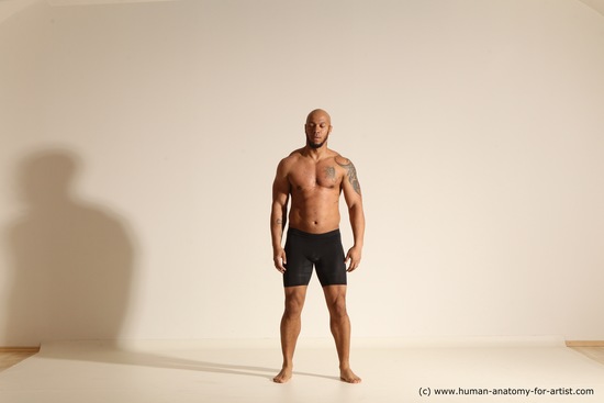 Underwear Gymnastic poses Man Black Muscular Bald Dancing Dynamic poses Academic