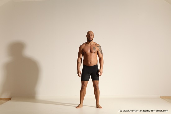 Underwear Gymnastic poses Man Black Muscular Bald Dancing Dynamic poses Academic