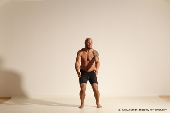 Underwear Gymnastic poses Man Black Muscular Bald Dancing Dynamic poses Academic