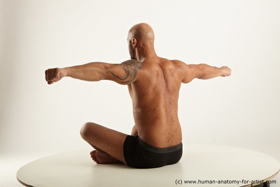 Underwear Man Black Sitting poses - simple Muscular Bald Sitting poses - ALL Academic