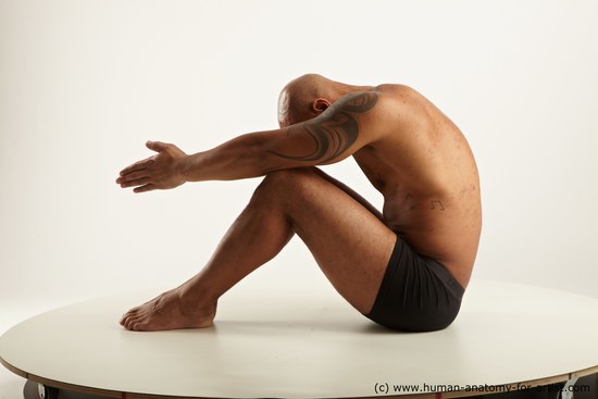 Underwear Man Black Sitting poses - simple Muscular Bald Sitting poses - ALL Academic