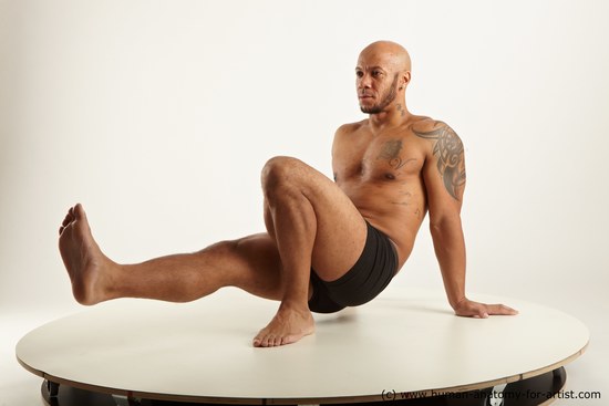 Underwear Man Black Sitting poses - simple Muscular Bald Sitting poses - ALL Academic