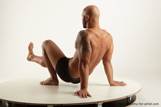 Underwear Man Black Sitting poses - simple Muscular Bald Sitting poses - ALL Academic