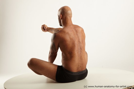 Underwear Man Black Sitting poses - simple Muscular Bald Sitting poses - ALL Academic