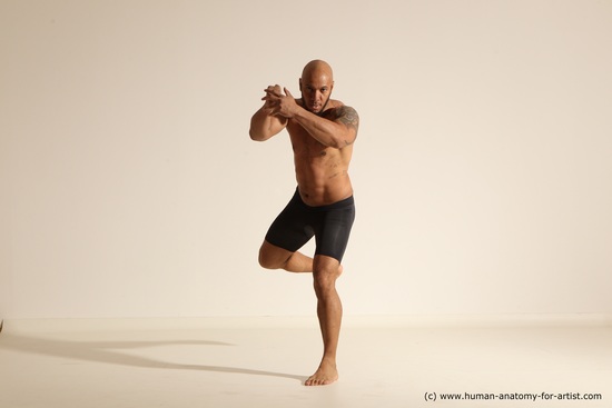 Underwear Gymnastic poses Man Black Muscular Bald Dancing Dynamic poses Academic