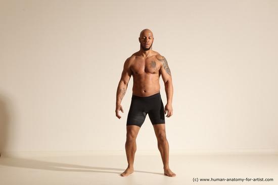 Underwear Gymnastic poses Man Black Muscular Bald Dancing Dynamic poses Academic