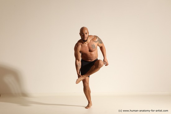 Underwear Gymnastic poses Man Black Muscular Bald Dancing Dynamic poses Academic