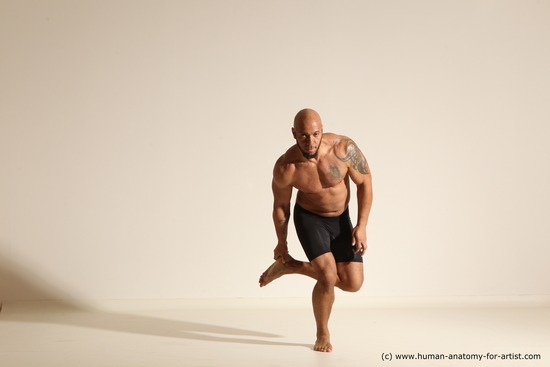 Underwear Gymnastic poses Man Black Muscular Bald Dancing Dynamic poses Academic