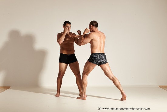 Underwear Fighting Man - Man White Muscular Short Brown Dynamic poses Academic